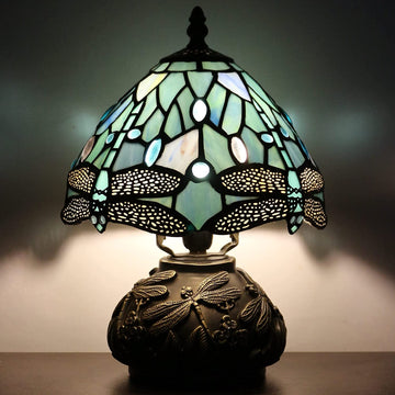 Werfactory® Rustic Tiffany Style Night Light with 8" Sea Blue Stained Glass Dragonfly Shade, 11"